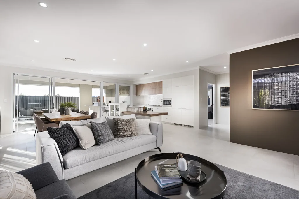 Modern open plan living room and kitchen interior