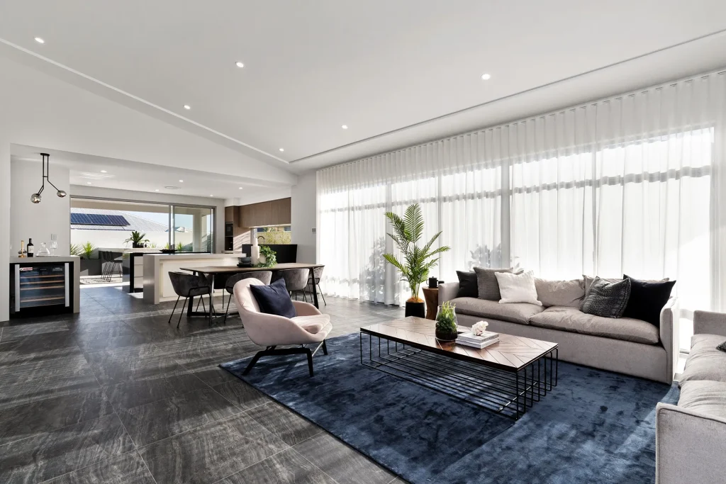 Bright modern open-plan living, dining and kitchen area