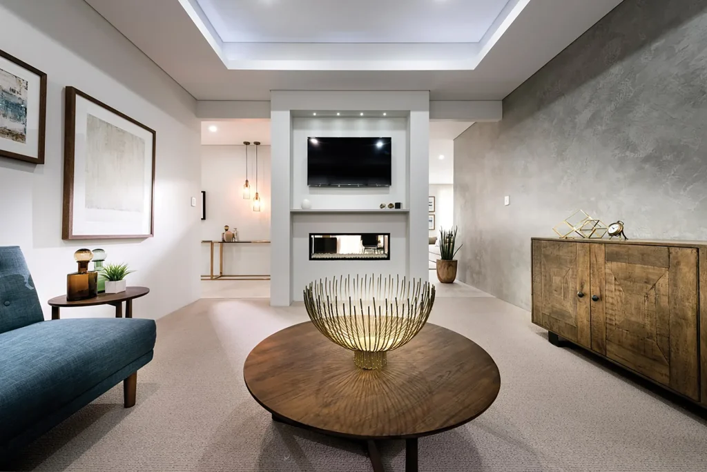 Modern living room with TV, fireplace and timber coffee table