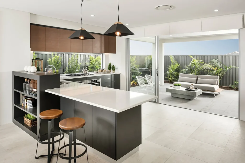 Modern kitchen with island and outdoor patio area