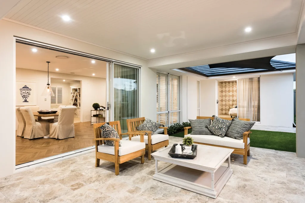 Modern outdoor patio with wooden furniture