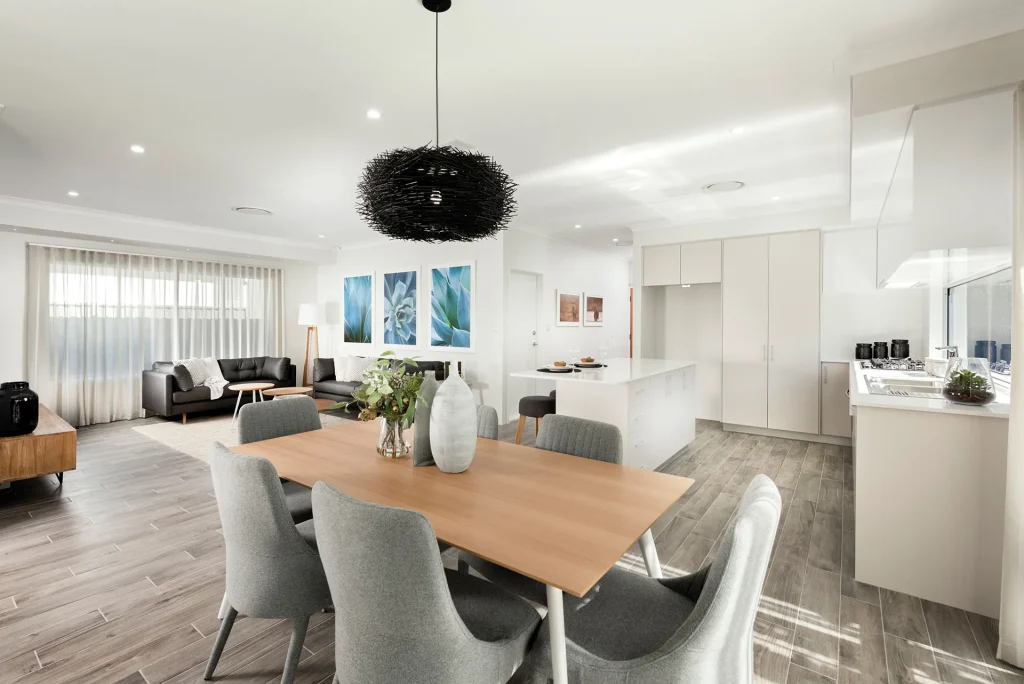 Modern open plan kitchen and living room interior